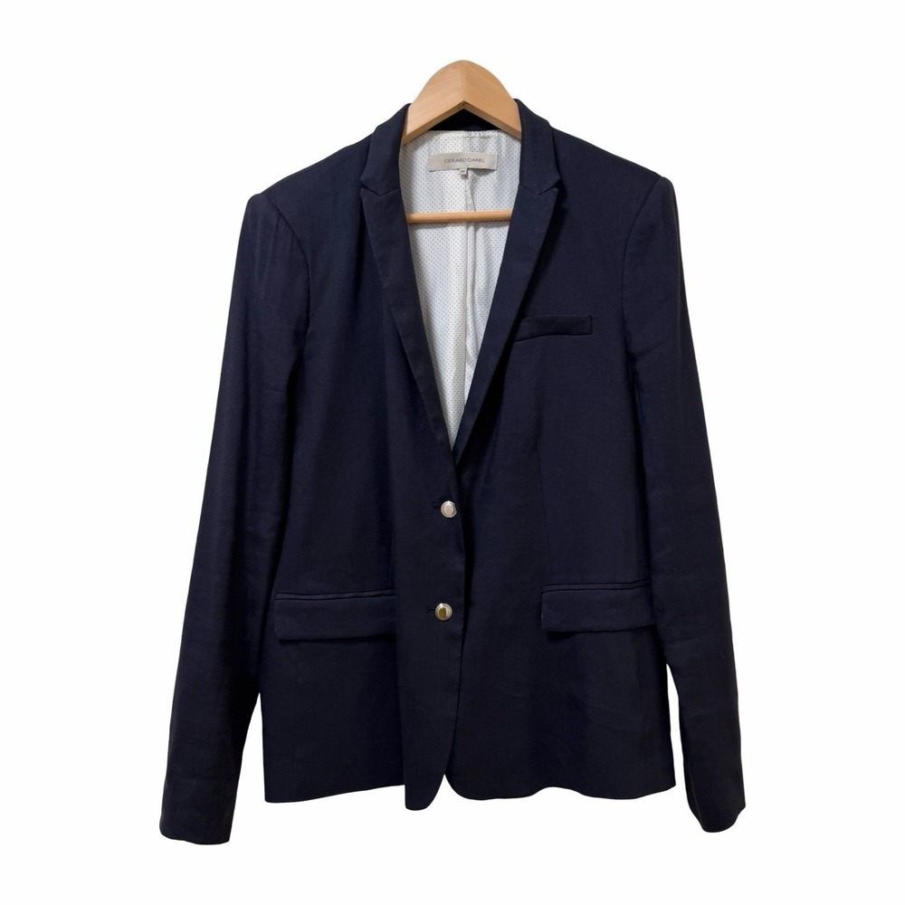 Gerard Darel Women Linen Blend Single Breasted Blazer EU 46 US 14 Navy Old Money